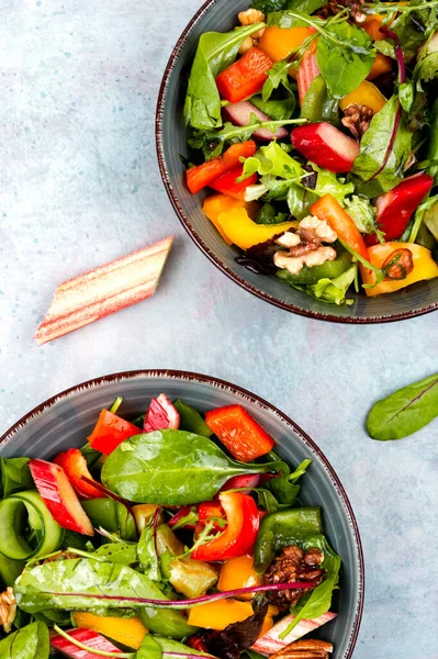 Salad Bowl Pepper Rhubarb Stalks Nuts Lettuce Healthy Vegan Lunch — Stock Photo, Image