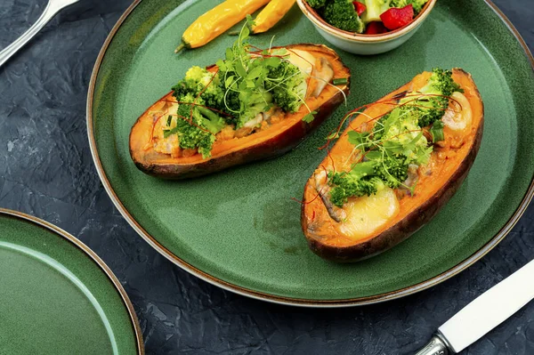 Baked Sweet Potato Stuffed Mushrooms Broccoli Peppers Vegan Food — Stock Photo, Image