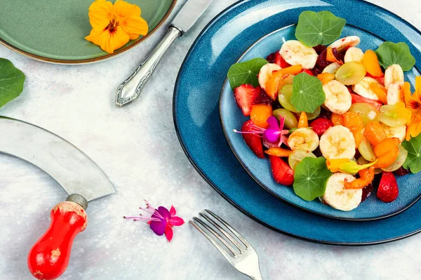 Delicious Salad Fresh Fruits Nasturtium Leaves Grey Table — Stock Photo, Image