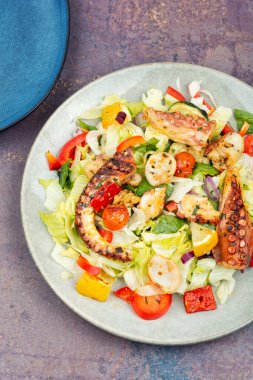 Sebze salatası ve ahtapot dokunaçları. Ahtapot salatası. Üst görünüm