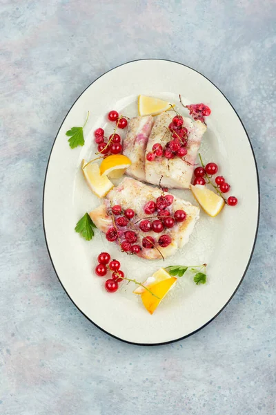 Cod Fillet Skin Baked Red Currants Atlantic Cod Fish Top — Stock Photo, Image