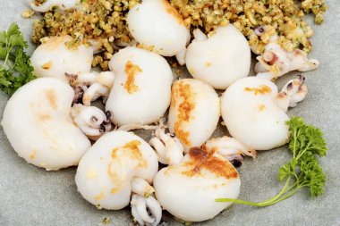 Fındık salatasıyla servis edilen kızarmış kalamar ya da kalamar. Bütün kalamar kızarmıştı..