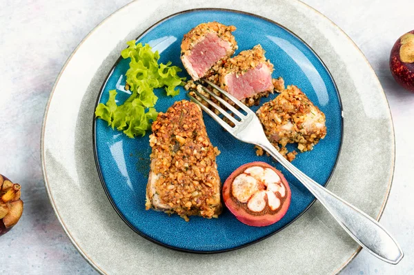 Plate Steak Baked Tuna Nut Panic Mangosteens Flat Lay — Stock Photo, Image