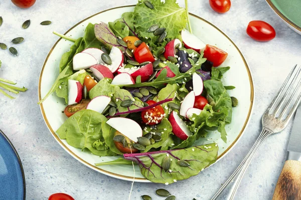 ラディッシュ グリーン トマト ゴマの種子が付いている簡単なサラダ 健康的なダイエット食品 — ストック写真