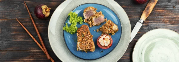 Steak Baked Tuna Nut Panic Mangosteens Rustic Wooden Table Flat — Stock Photo, Image