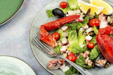 Mix of salad with oysters, mussels, lobster and vegetables.