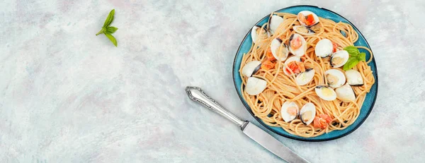 Meeresfrüchte Pasta Mit Venusmuscheln Und Spaghetti Kopierraum — Stockfoto