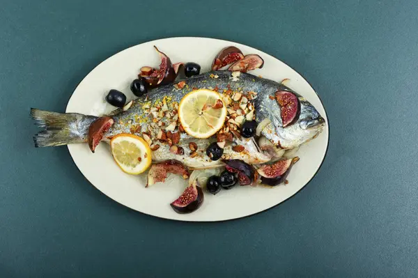 Roasted Dorado Fish Almonds Figs White Plate Autumn Recipe — Stock Photo, Image