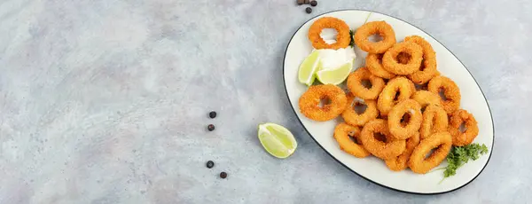 Calamares Fritos Anillos Calamar Deliciosa Comida Frita Espacio Para Texto — Foto de Stock