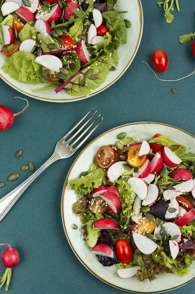 Lekkere Salade Met Radijs Groente Tomaat Sesam Veganistisch Recept — Stockfoto