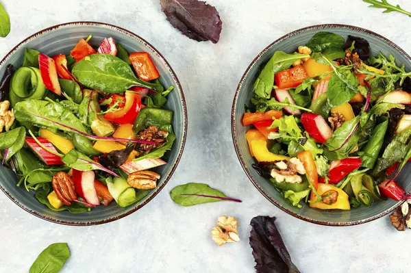 Vegetable Colorful Salad Sweet Pepper Rhubarb Herbs Top View — Stock Photo, Image
