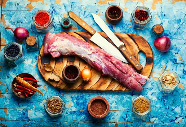 Raw Pork Meat Cooking Cutting Board Raw Meat Tenderloin Spices — Stock Photo, Image
