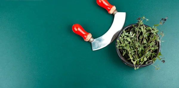 马乔兰 用香草刀和药用植物制成的生香料 Marjoram离开 复制空间 — 图库照片