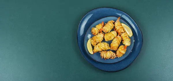 Roasted Rolled Potato Shrimps Prawns Potato Rolls Copy Space Asian — Stock Photo, Image