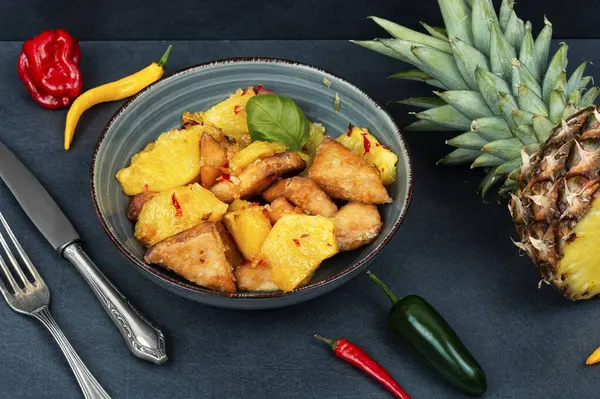Healthy appetizer or tofu grilled with pineapple. Vegan meal