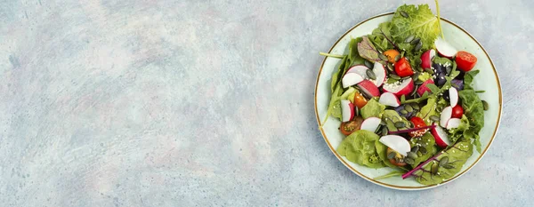 Dietary Salad Radish Greens Tomato Sesame Gray Background Space Text — Stock Photo, Image