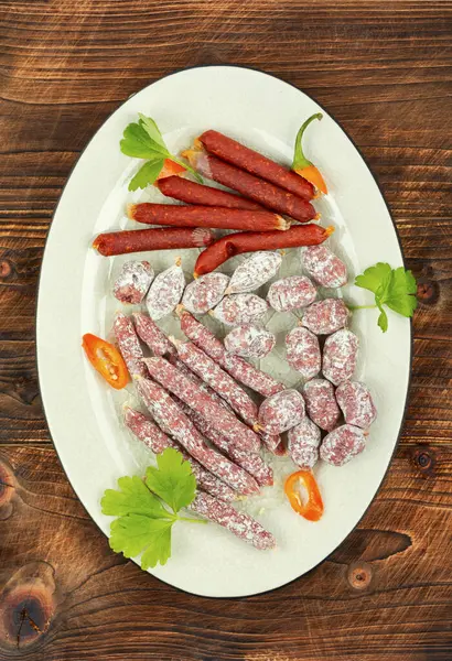 Three Varieties Salami Sausage Plate Rustic Table — Stock Photo, Image