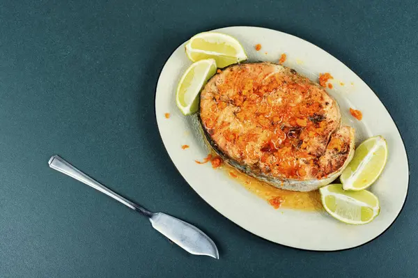 Grilled Salmon Trout Steak Orange Lime Sauce Space Text — Stock Photo, Image