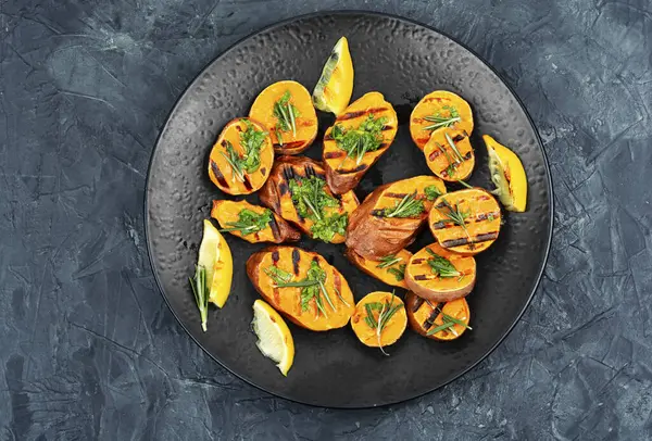Grilled Sweet Potato Batata Olive Oil Herbs Vegan Food Concept — Stock Photo, Image