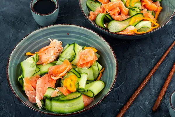 Fresh Spring Salad Smoked Salmon Cucumber Concrete Kitchen Table Asian — Stock Photo, Image