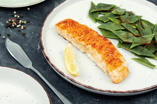 Grilled Salmon Fillets Steaks Green Beans Stock Picture