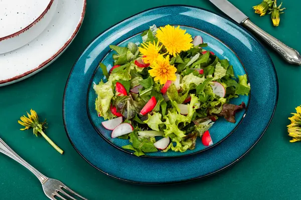 Salade Printanière Légumes Verts Radis Pissenlits Alimentation Crue — Photo