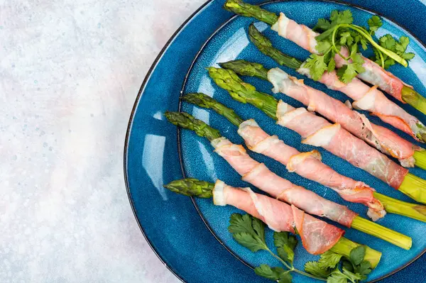 Baked Asparagus Wrapped Bacon Healthy Food Ketogenic Diet Free Space Stock Image