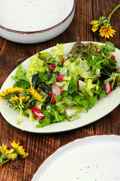 素朴な木のテーブルに緑 タンポポの春のサラダ エディブルプラント ロイヤリティフリーのストック写真