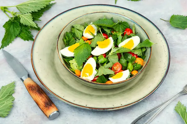 Tigela Com Salada Folhas Urtiga Ovos Tomates Alimentação Saudável Desintoxicação Fotografia De Stock