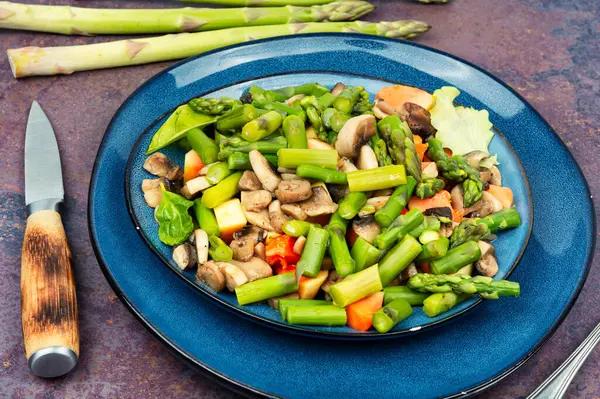 Tasty Salad Green Asparagus Fried Mushrooms Plate Vegetable Salad Stock Photo