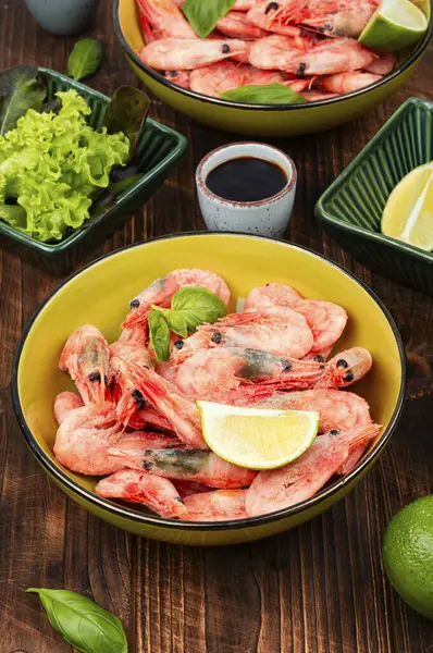Fresh Raw Shrimps Prawns Bowl Wooden Table Seafood — Stock Photo, Image