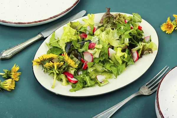 Yeşillik Salatası Turp Karahindiba Çiçekleri Bir Tabakta Telifsiz Stok Fotoğraflar
