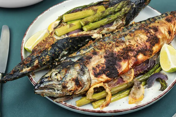 Dietary Aromatic Mackerel Fish Barbecue Green Asparagus Korean Food Stok Gambar Bebas Royalti