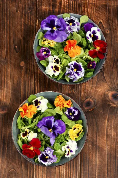 Seasonal Pansy Edible Flower Salad Wooden Table - Stok İmaj