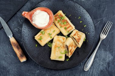 Et ve ekşi kremayla doldurulmuş iştah açıcı krepler. Düz yatıyordu.