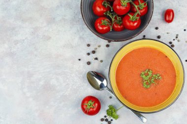 Taze domateslerden yapılmış diyet kremalı çorba. Uzayı kopyala Metin için boşluk.