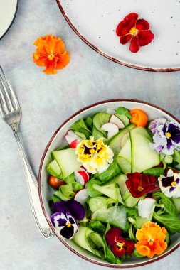Taze sebzelerden yapılmış bahar salatası ve yenilebilir çiçeklerle süslenmiş. Sağlıklı beslenme konsepti..