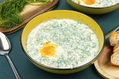 Yumurtalı, sebzeli, etli soğuk okroshka çorbası.