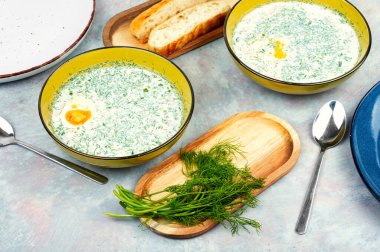 Geleneksel soğuk yaz çorbası okroshka tabağında. Okroshka - Ukrayna soğuk yaz çorbası