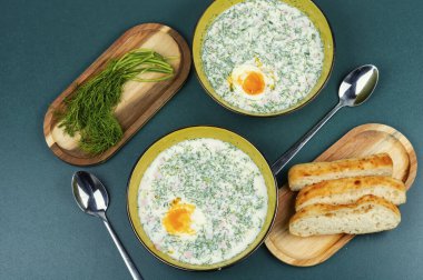 Lezzetli soğuk yaz çorbası okroshka ve kaynamış sosis. Üst görünüm