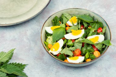 Isırgan otu yapraklı salata, yumurta ve domates salatası. Sağlıklı bahar detoks gıdası.