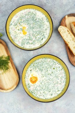 Popüler soğuk yaz çorbası okroshka tabağında. Üst görünüm.