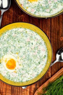 Popüler soğuk yaz çorbası okroshka tabağında. Okroshka - Ukrayna soğuk yaz çorbası.