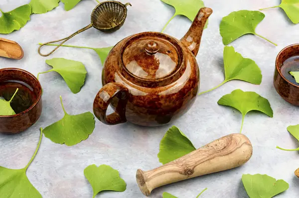 Stock image Extract or tee from the ginkgo with leaves. Alternative herbal medicine concept.