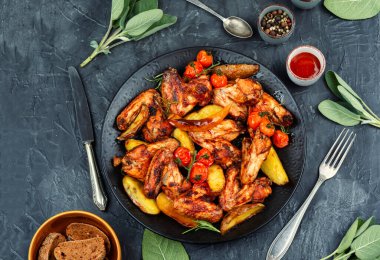 Kızarmış tavuk kanadı ve beton mutfak masasında fırında patates. Barbekü..