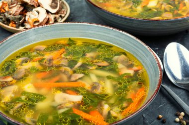 Taze ıspanak ve yabani mantarlardan yapılmış diyet sebze çorbası..