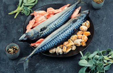 Pişirmek için malzemeli çiğ organik balık uskumrusu..