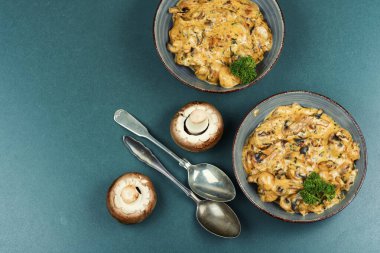 Krema soslu ve mantarlı yahni. Soslu mantar. Sıcak aperatif. Kızarmış sebze. Boşluğu kopyala.