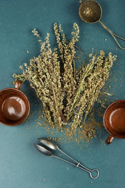 Bunch of wormwood herb on a table. Medicinal aromatic herbs, healing herbs clipart