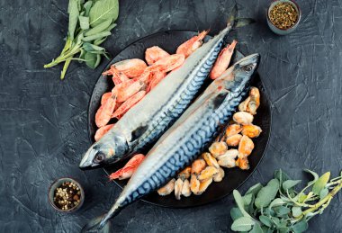 Çiğ taze uskumru ve malzemeler.